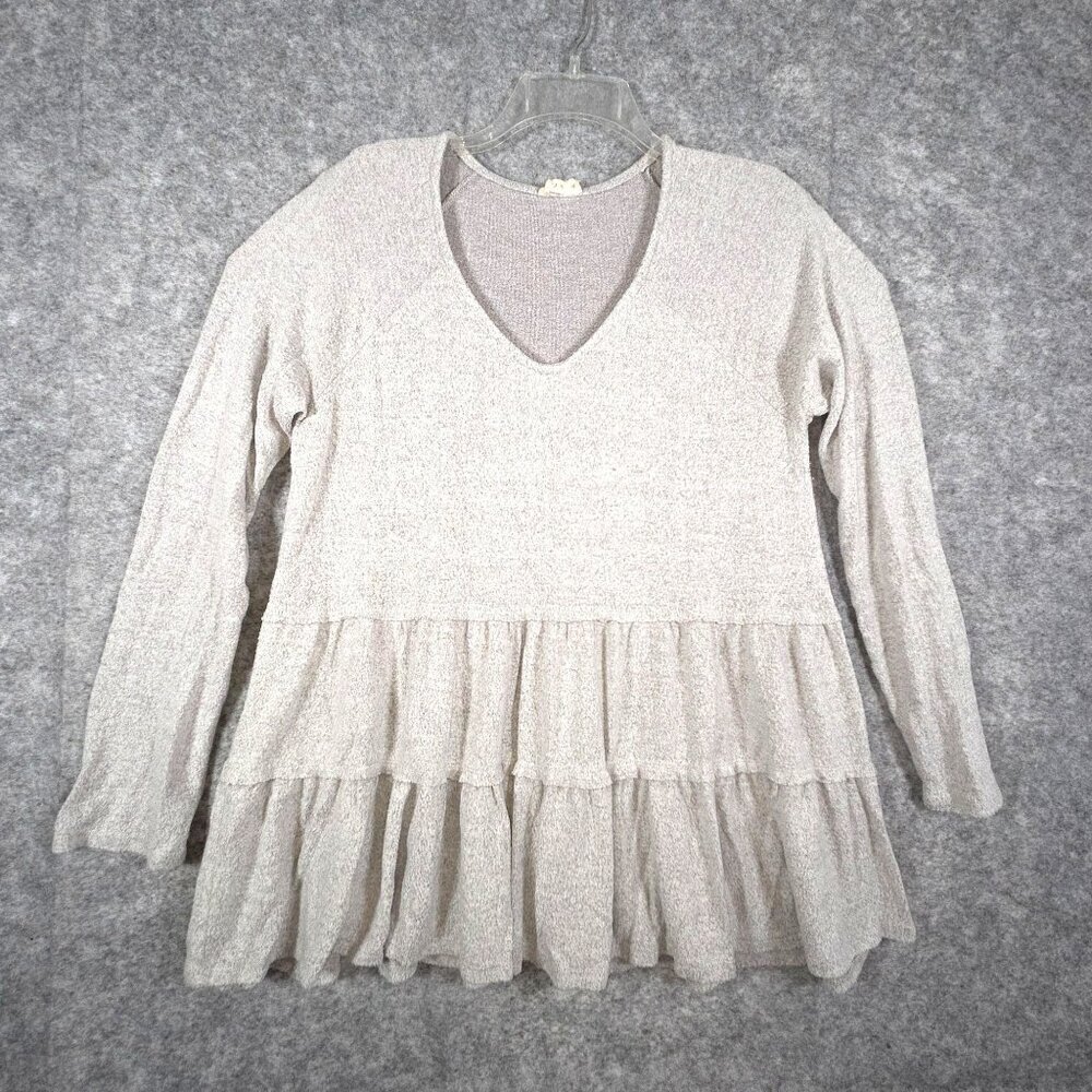 Anthropologie 123 Story Women Top Knit Ruffle Long Sleeve Gray Scoopneck Size L